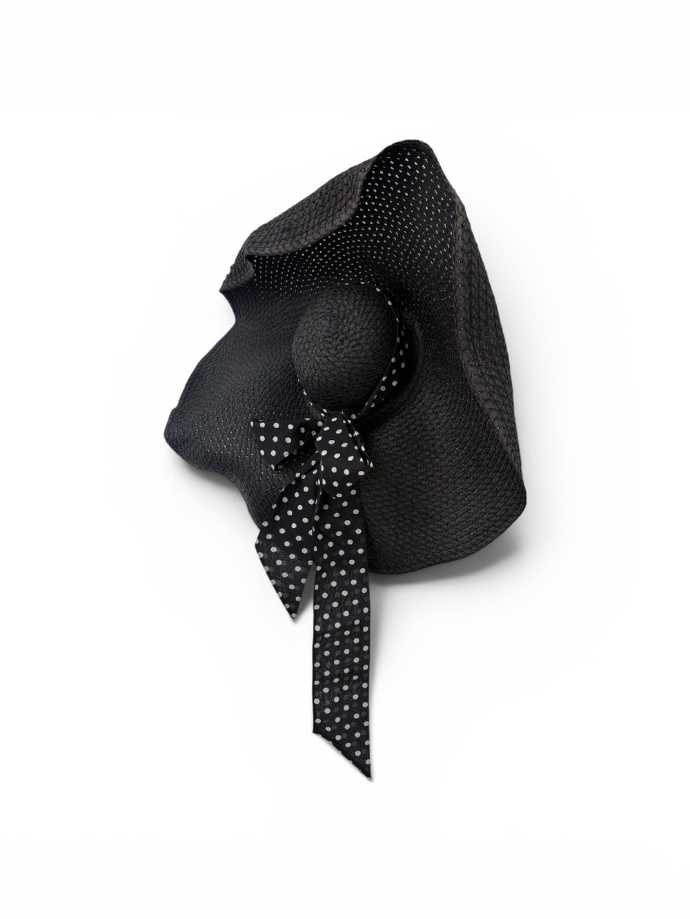 Black Wide-Brim Straw Hat with Polka Dot Bow